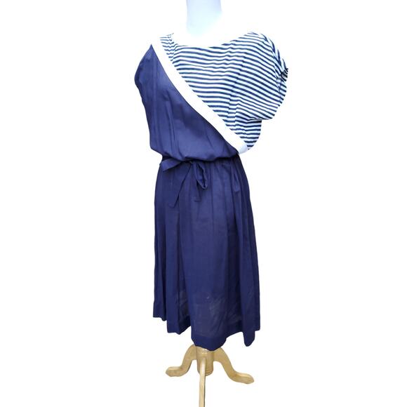 Vintage Jean Leslie Blue White Colorblock Dress Stripes Belted 1970s 70s Sz 16 - Picture 7 of 16